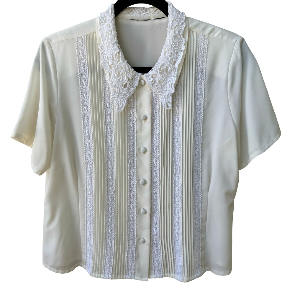 Vintage 80s Coquette Cottagecore Victorian Edwardian Lace Collar Pleated Blouse